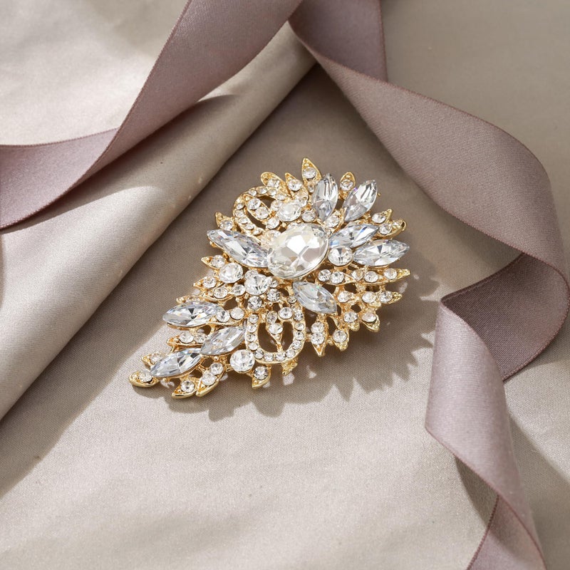 EVER FAITH Women's Bridal Corsage Rhinestone Crystal Wedding Flower Leaf Bouquet Brooch Clear Gold-Plated-Base - Image 2